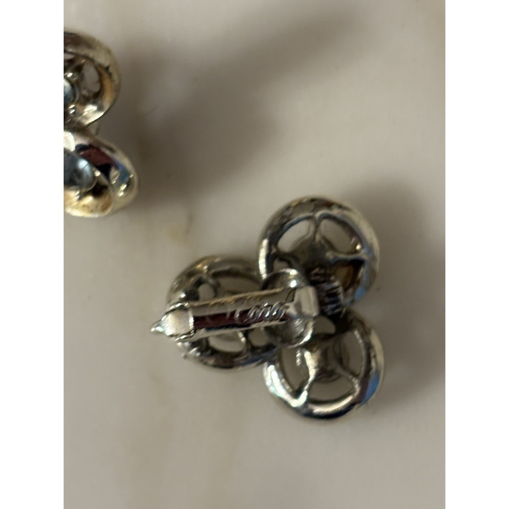 Vintage Coro Light Blue Clip-On Earrings 1/2" 3 Rhinestones On Silver Tone - Picture 3 of 4